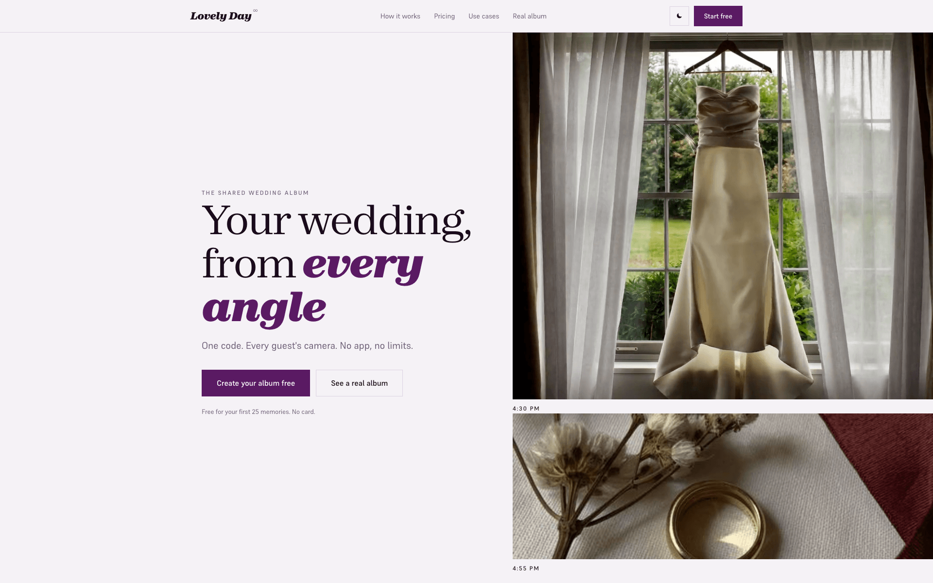 Lovely Day site hero reading Your wedding, from every angle, beside a wedding dress hanging in a window