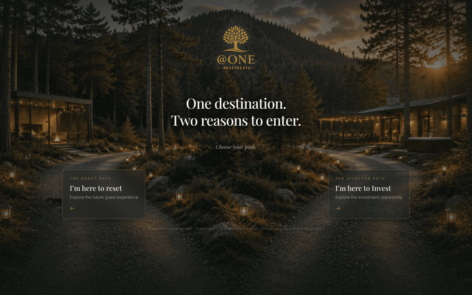 The @One Resetreats gateway: a lantern-lit forest path splitting toward guest and investor experiences beneath the gold @One mark, with the line One destination. Two reasons to enter.