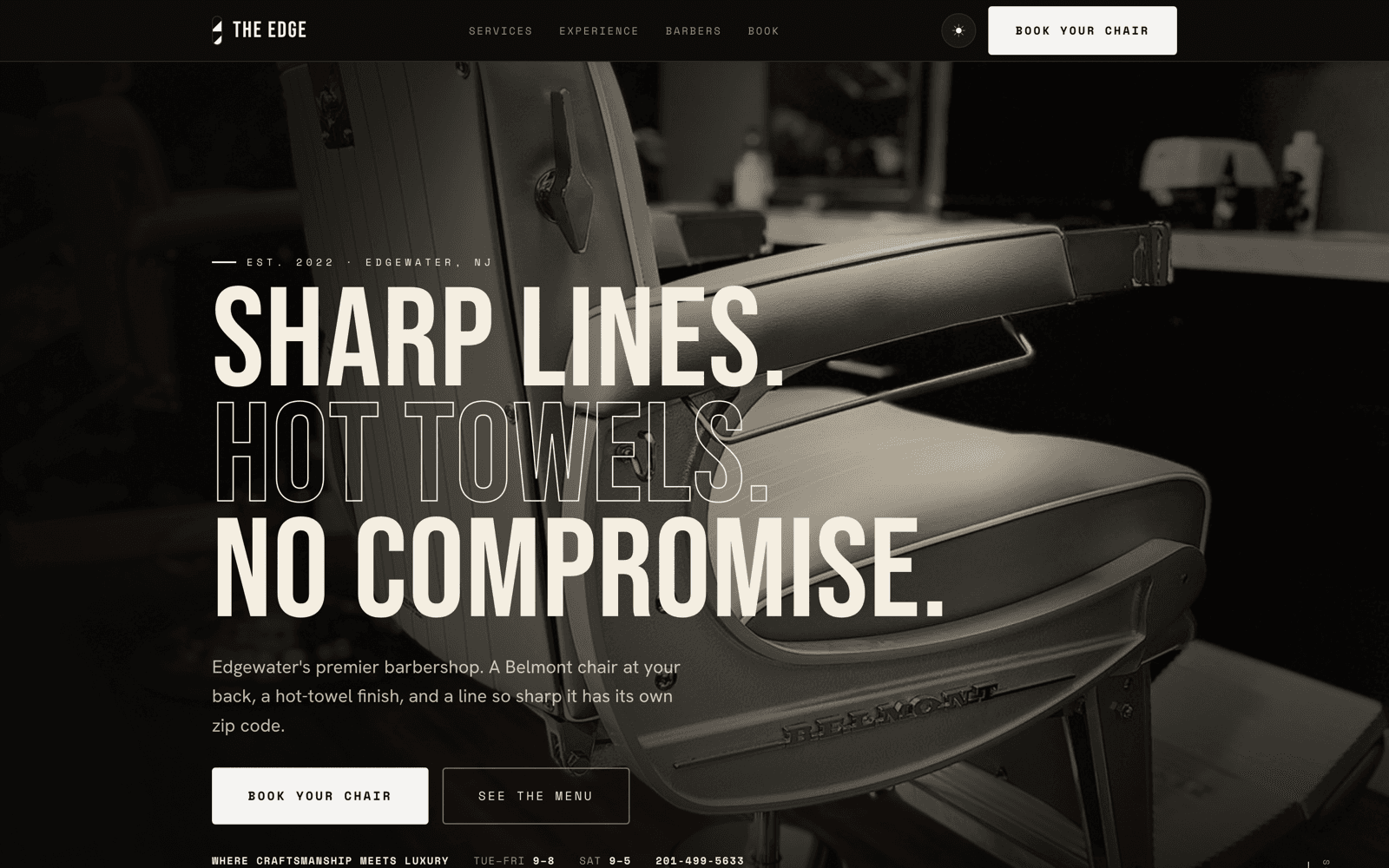 The Edge barbershop site with a vintage Belmont chair and the headline Sharp lines. Hot towels. No compromise.