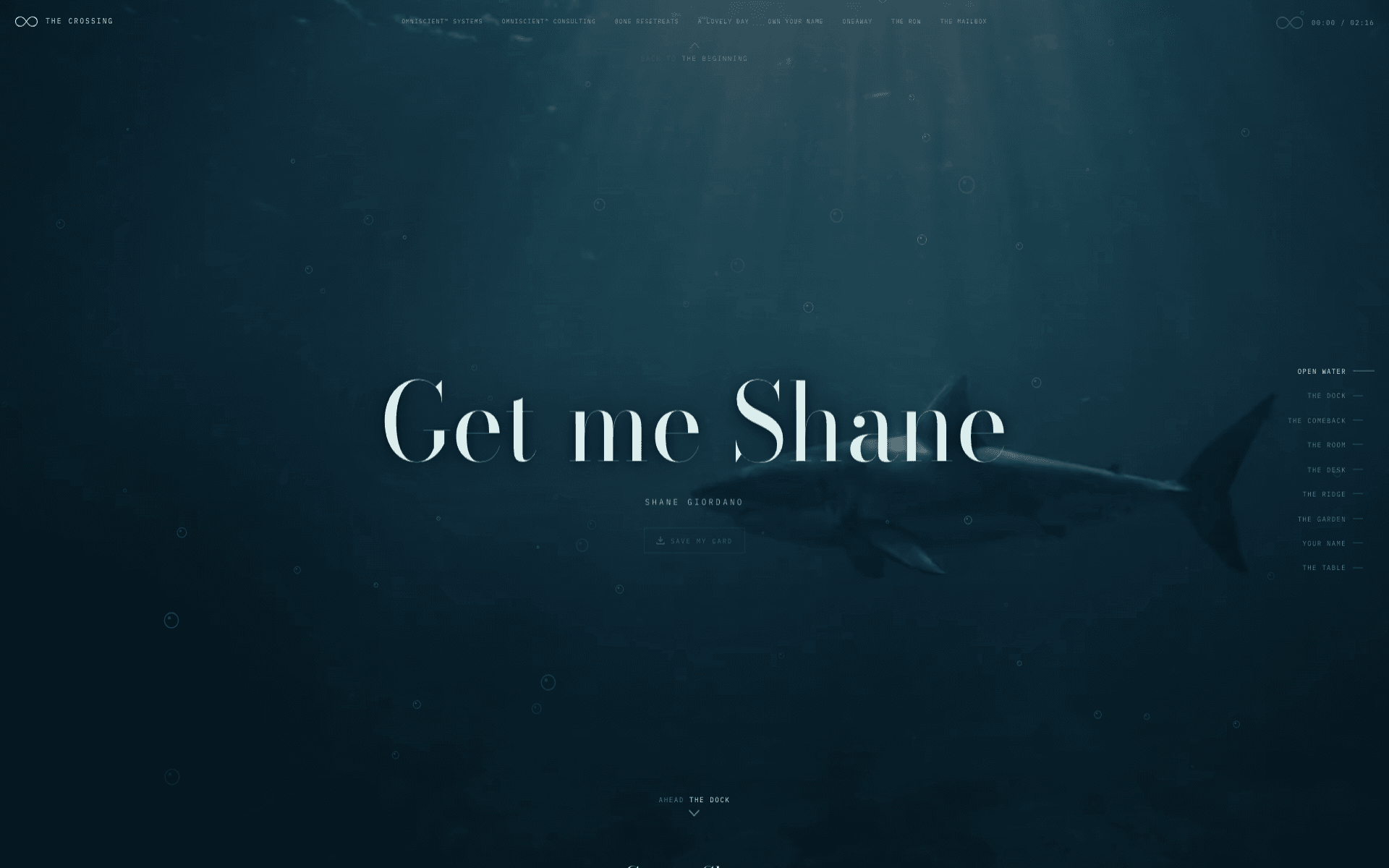The Crossing site hero reading Get me Shane over a shark swimming through deep blue water