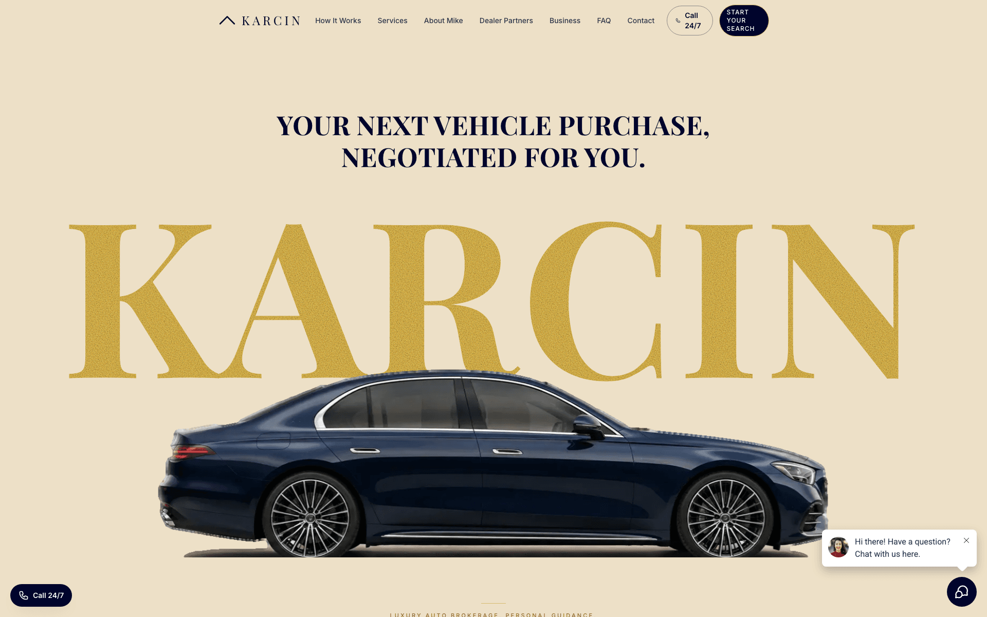 Karcin Automotive site hero reading Your Next Vehicle Purchase, Negotiated For You over a navy sedan