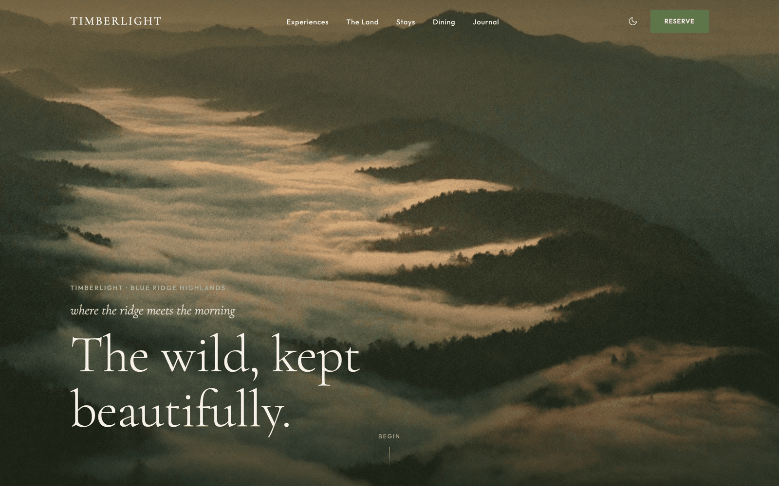 Timberlight site showing fog over Blue Ridge mountains with the headline The wild, kept beautifully.
