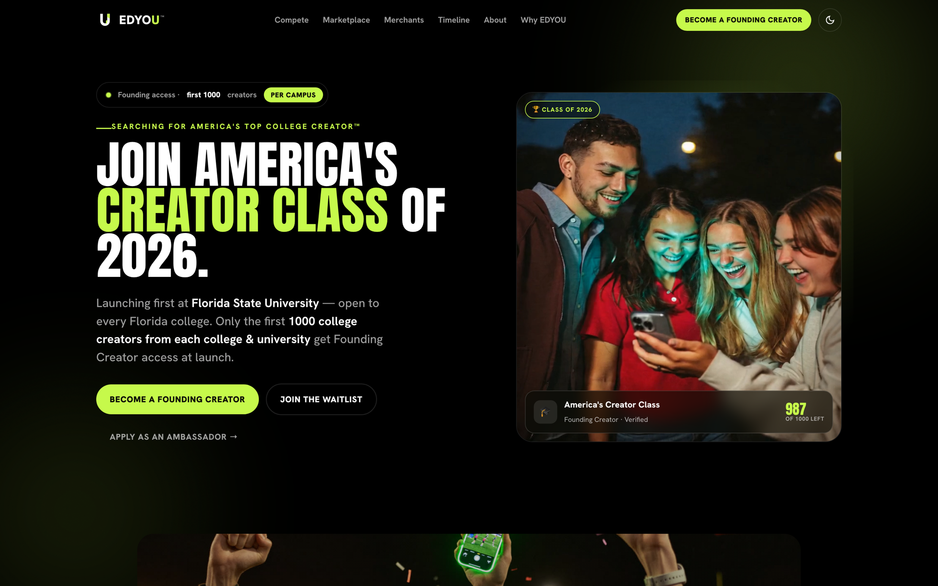 EDYOU founding-class site hero reading Join America's Creator Class of 2026 in volt green on black
